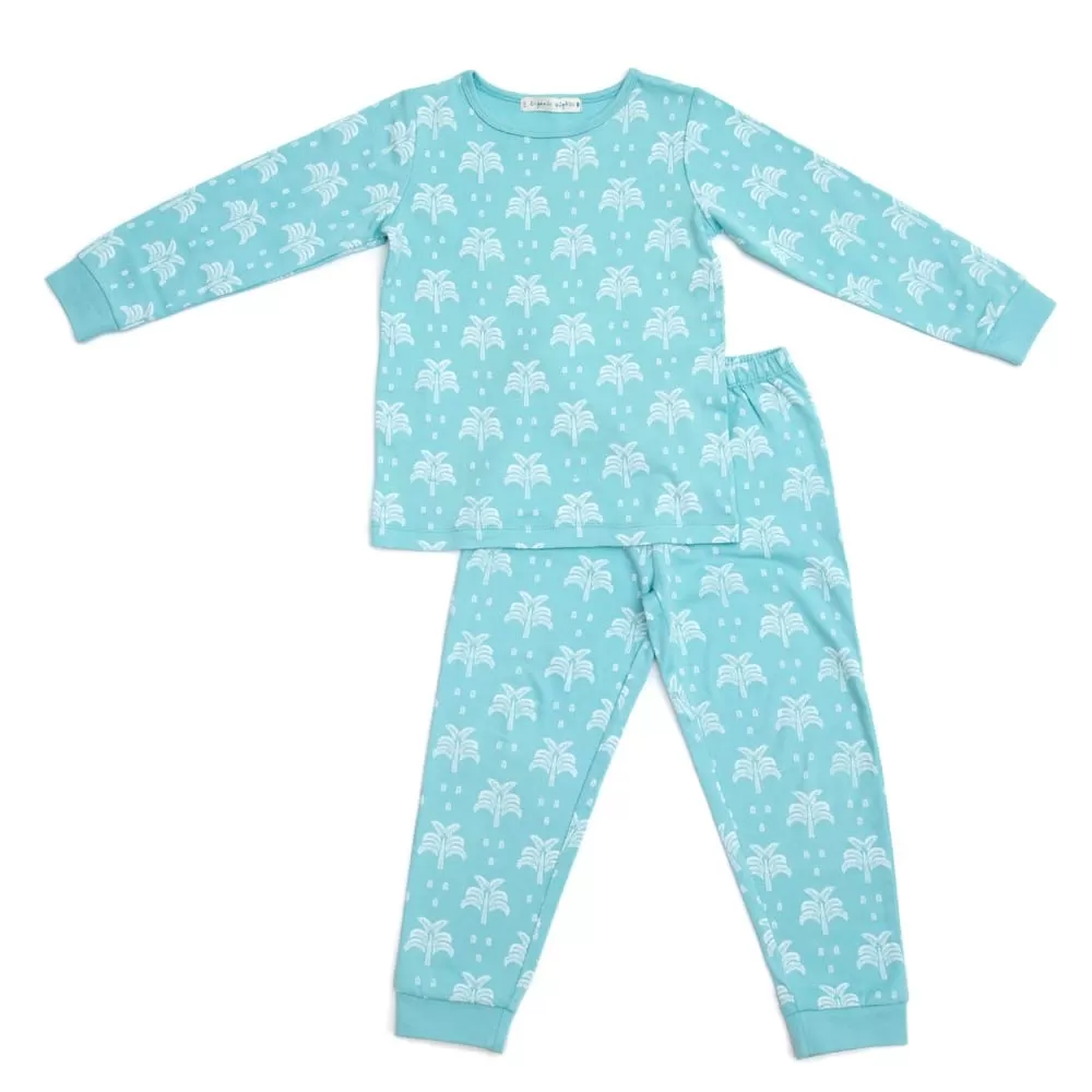 100% Organic Cotton Winter Pyjama Set - Aquatic Blue Palms and Pineapples