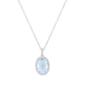 14K Gold 2.40 Carat Oval Blue Topaz Diamond Halo Pendant Necklace