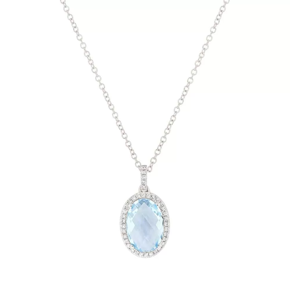 14K Gold 2.40 Carat Oval Blue Topaz Diamond Halo Pendant Necklace