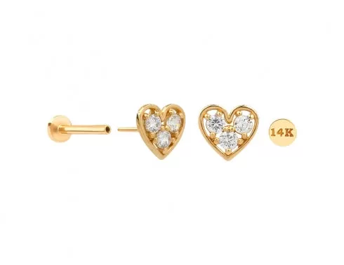 14K Real Gold CZ or Moissanite Genuine Diamond Heart Helix Cartilage Tragus Inner Conch Internally Threaded Flat Back Earring Labret