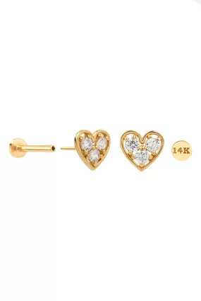 14K Real Gold CZ or Moissanite Genuine Diamond Heart Helix Cartilage Tragus Inner Conch Internally Threaded Flat Back Earring Labret