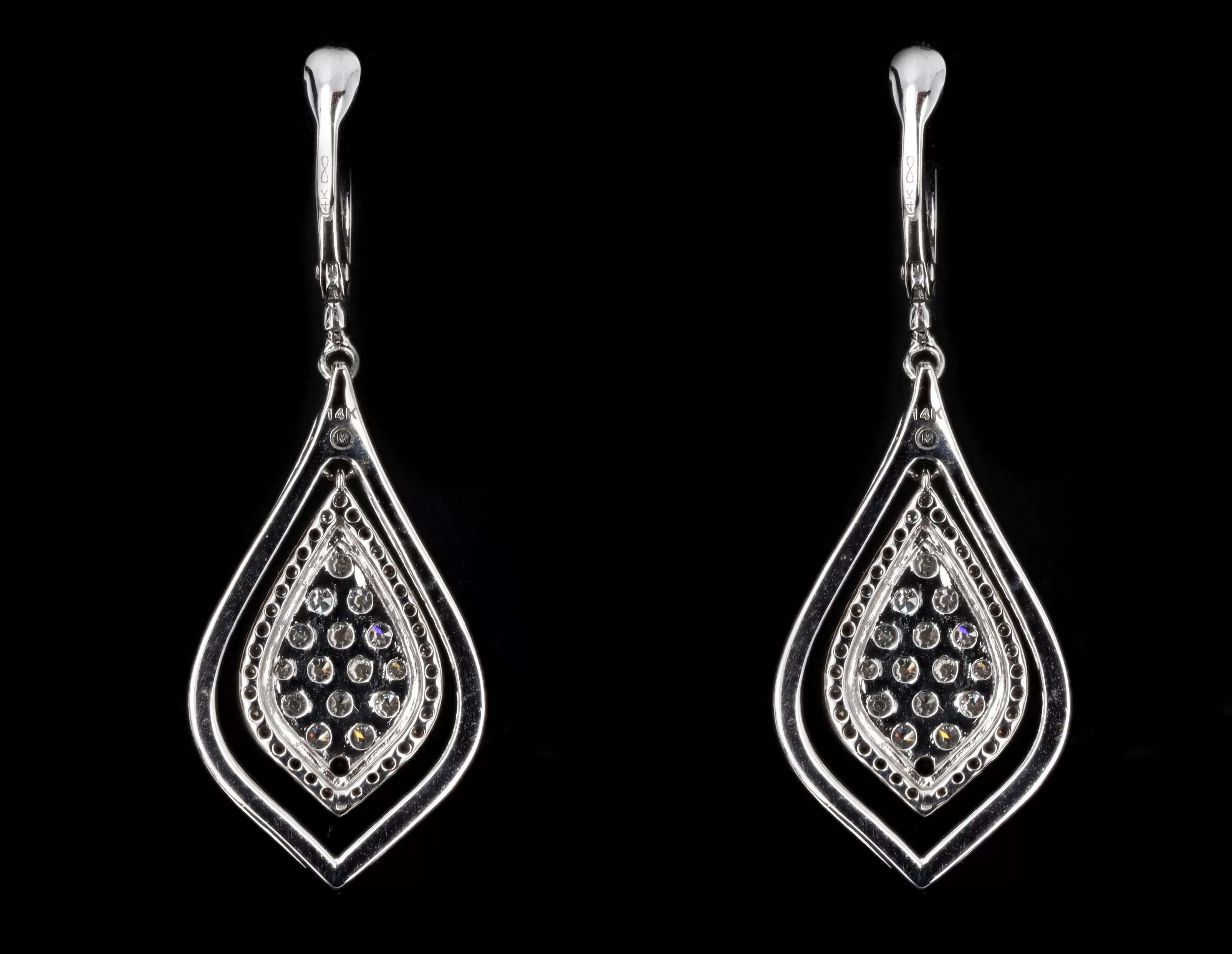 14K White Gold 0.75 Carat Total Weight Diamond Pave Teardrop Earrings