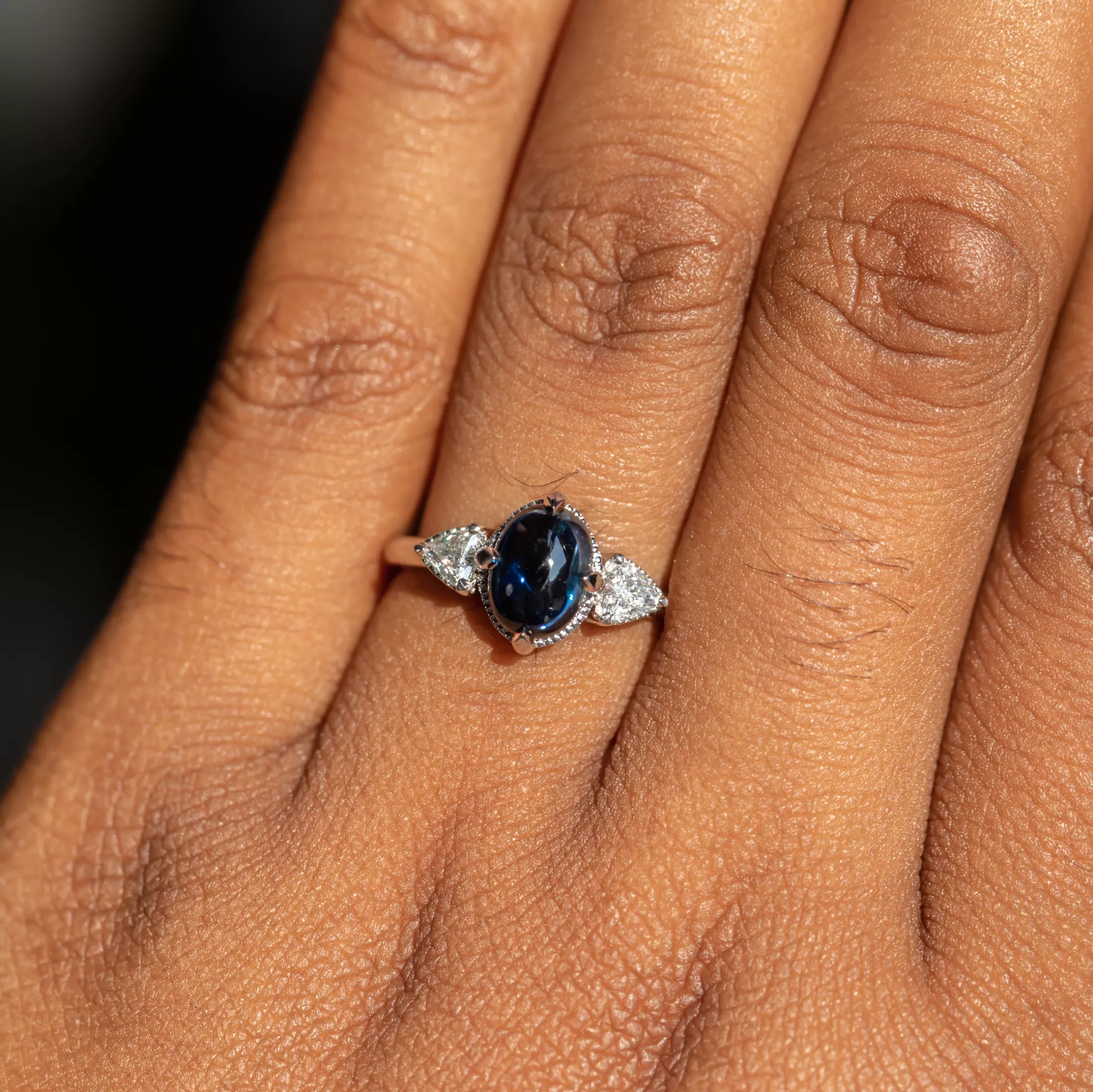 1.80ct Cabochon Sapphire and Diamond Three Stone Antique Milgrain Low Profile Ring in Platinum