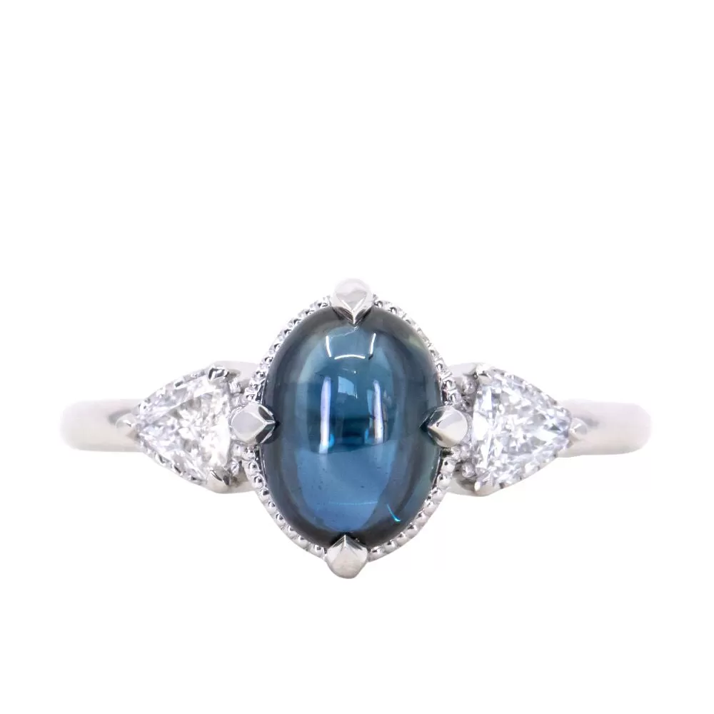 1.80ct Cabochon Sapphire and Diamond Three Stone Antique Milgrain Low Profile Ring in Platinum