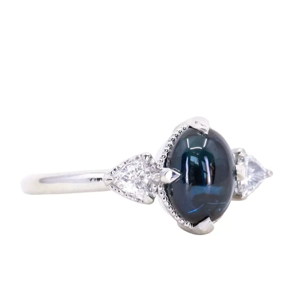 1.80ct Cabochon Sapphire and Diamond Three Stone Antique Milgrain Low Profile Ring in Platinum