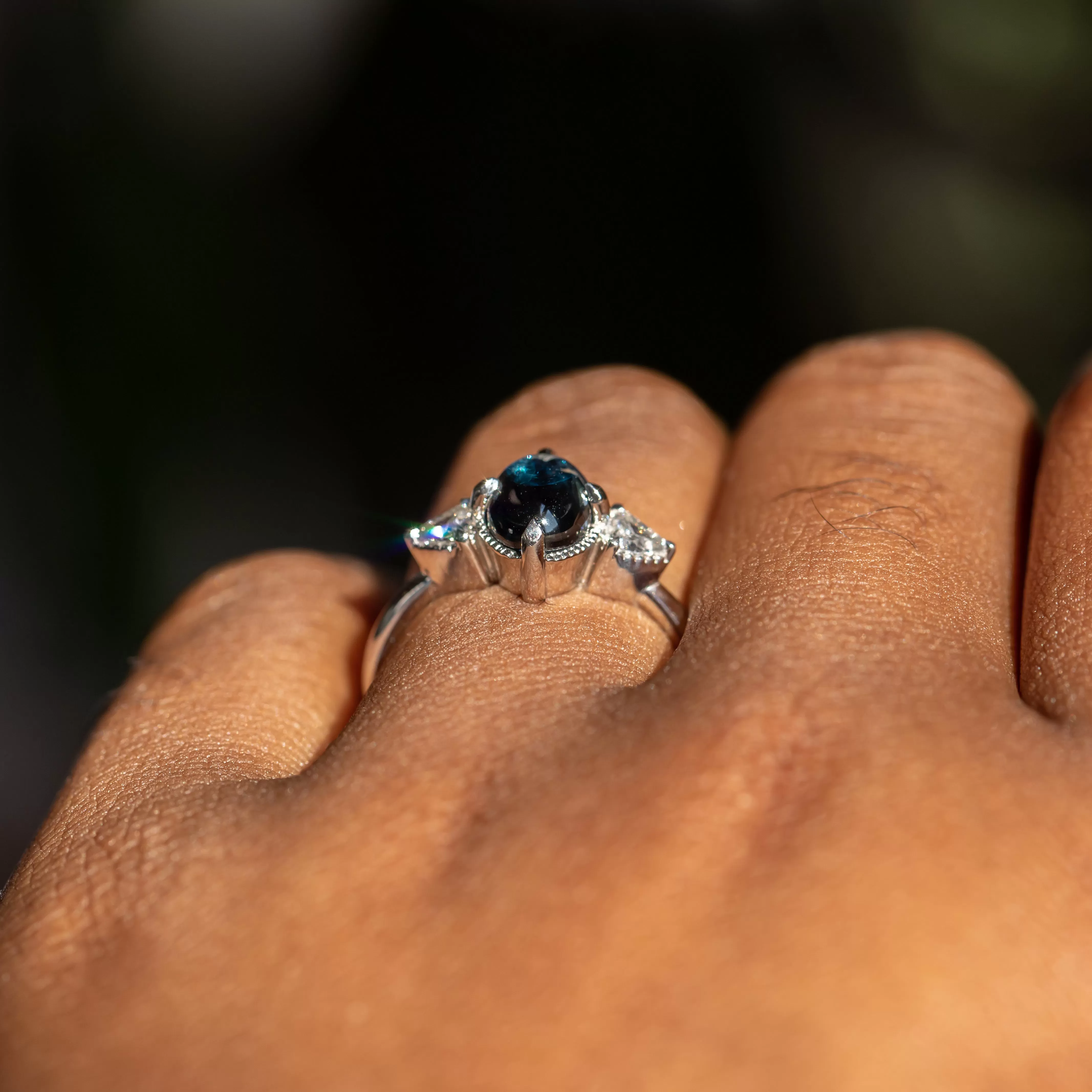 1.80ct Cabochon Sapphire and Diamond Three Stone Antique Milgrain Low Profile Ring in Platinum