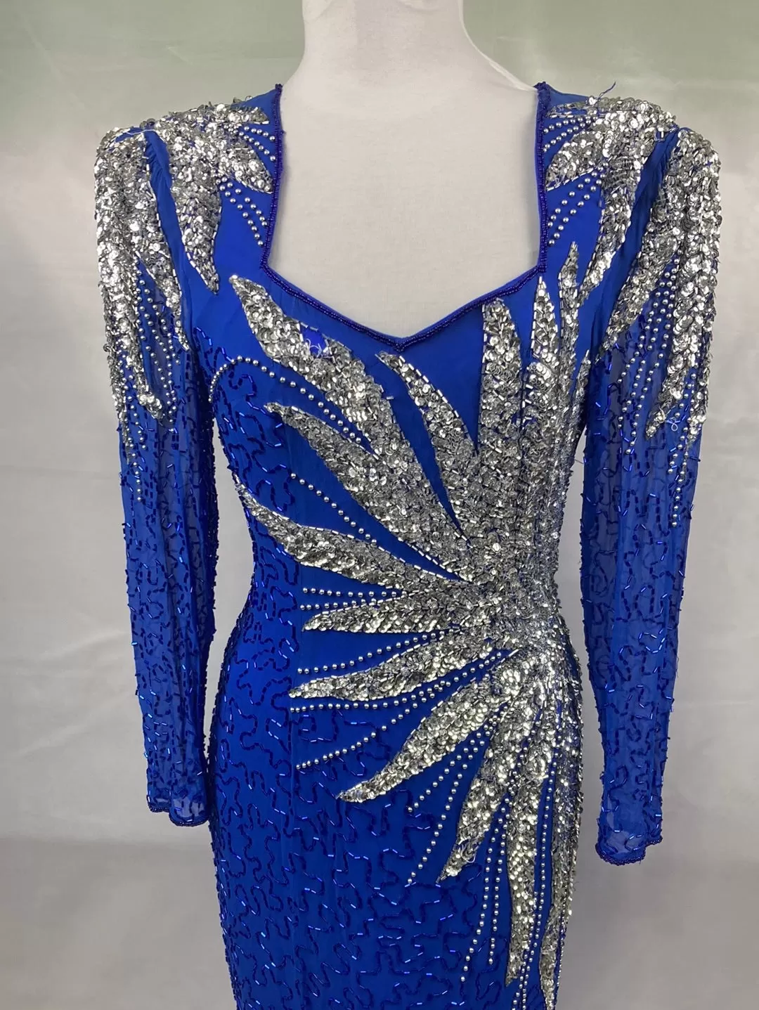 1980's Blue w/Silver Beaded Prom Formal Dress Vintage Women's Dress Small/ Med