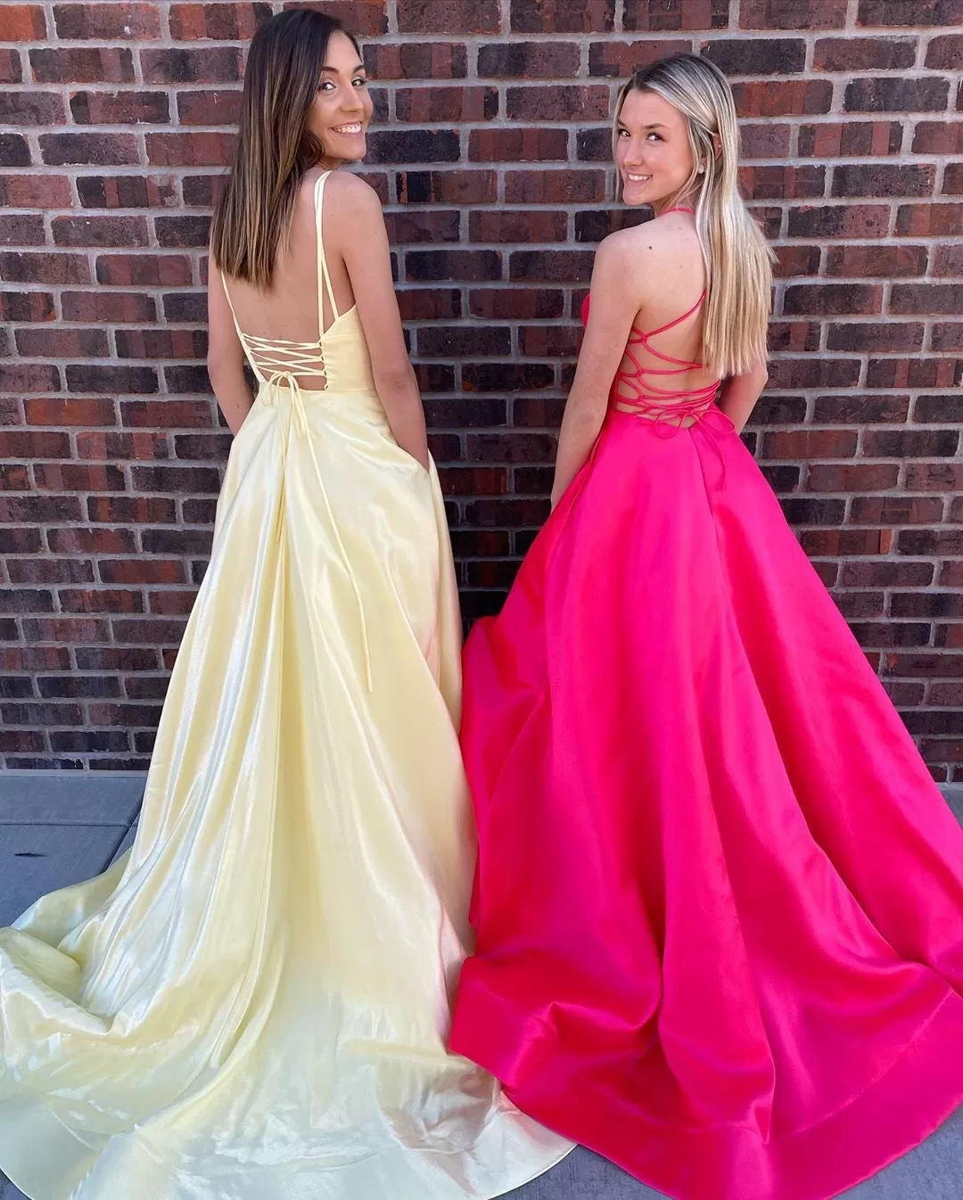 A-line V Neck Backless Front Slit Long Prom Dresses with Pockets