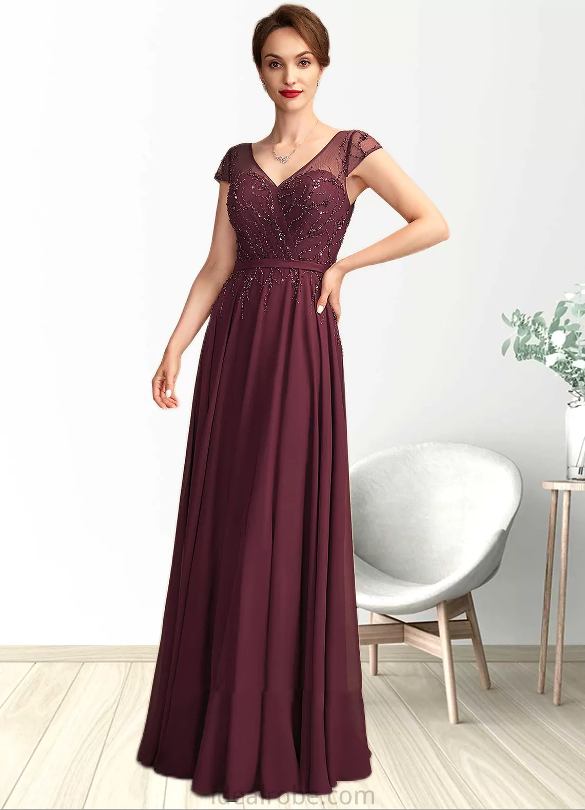 Abril A-Line V-neck Floor-Length Chiffon Mother of the Bride Dress With Beading Sequins STK126P0015028