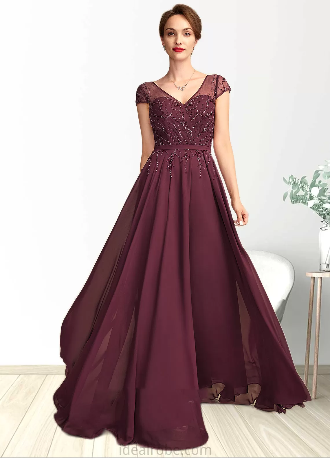 Abril A-Line V-neck Floor-Length Chiffon Mother of the Bride Dress With Beading Sequins STK126P0015028