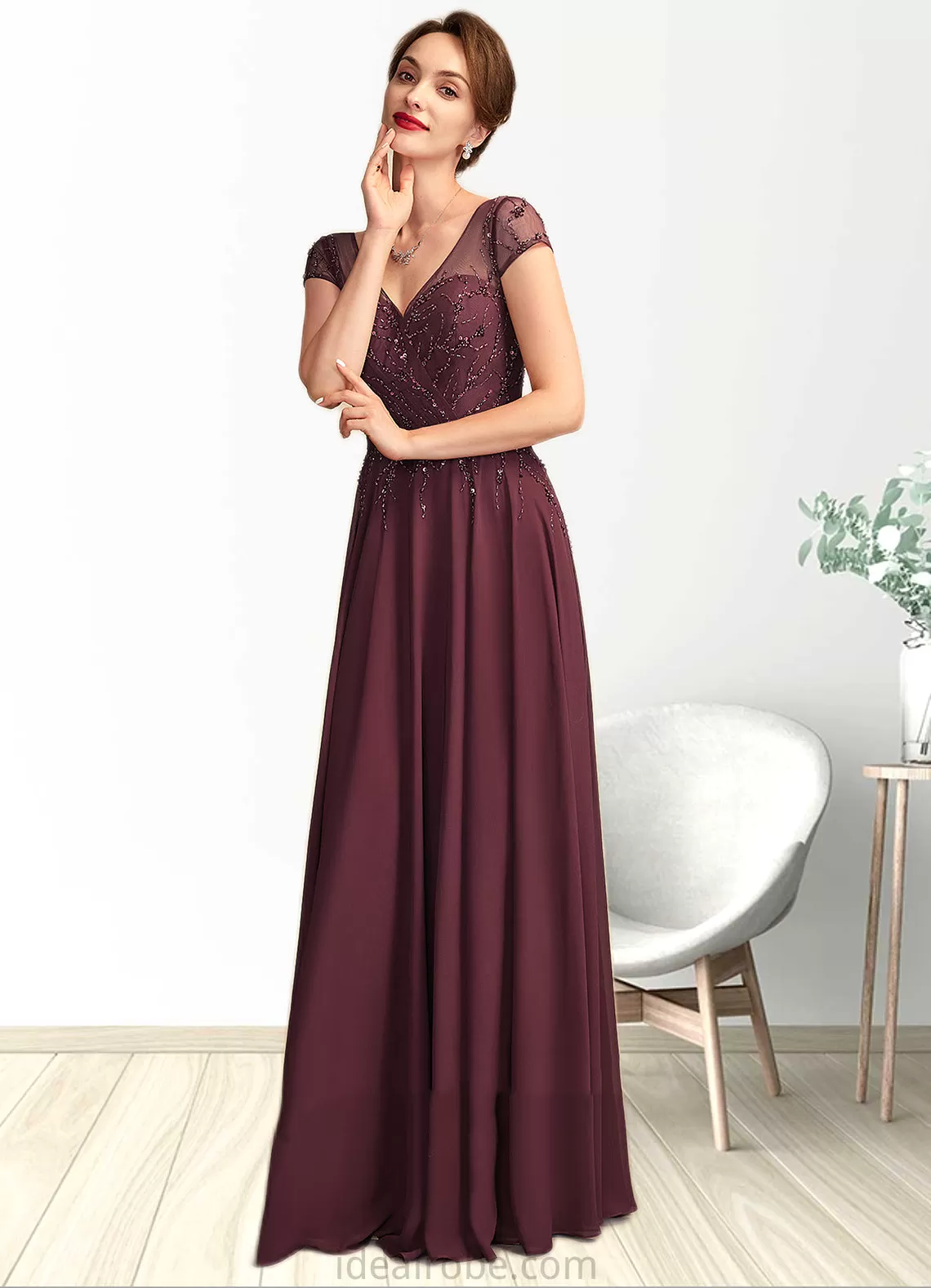 Abril A-Line V-neck Floor-Length Chiffon Mother of the Bride Dress With Beading Sequins STK126P0015028