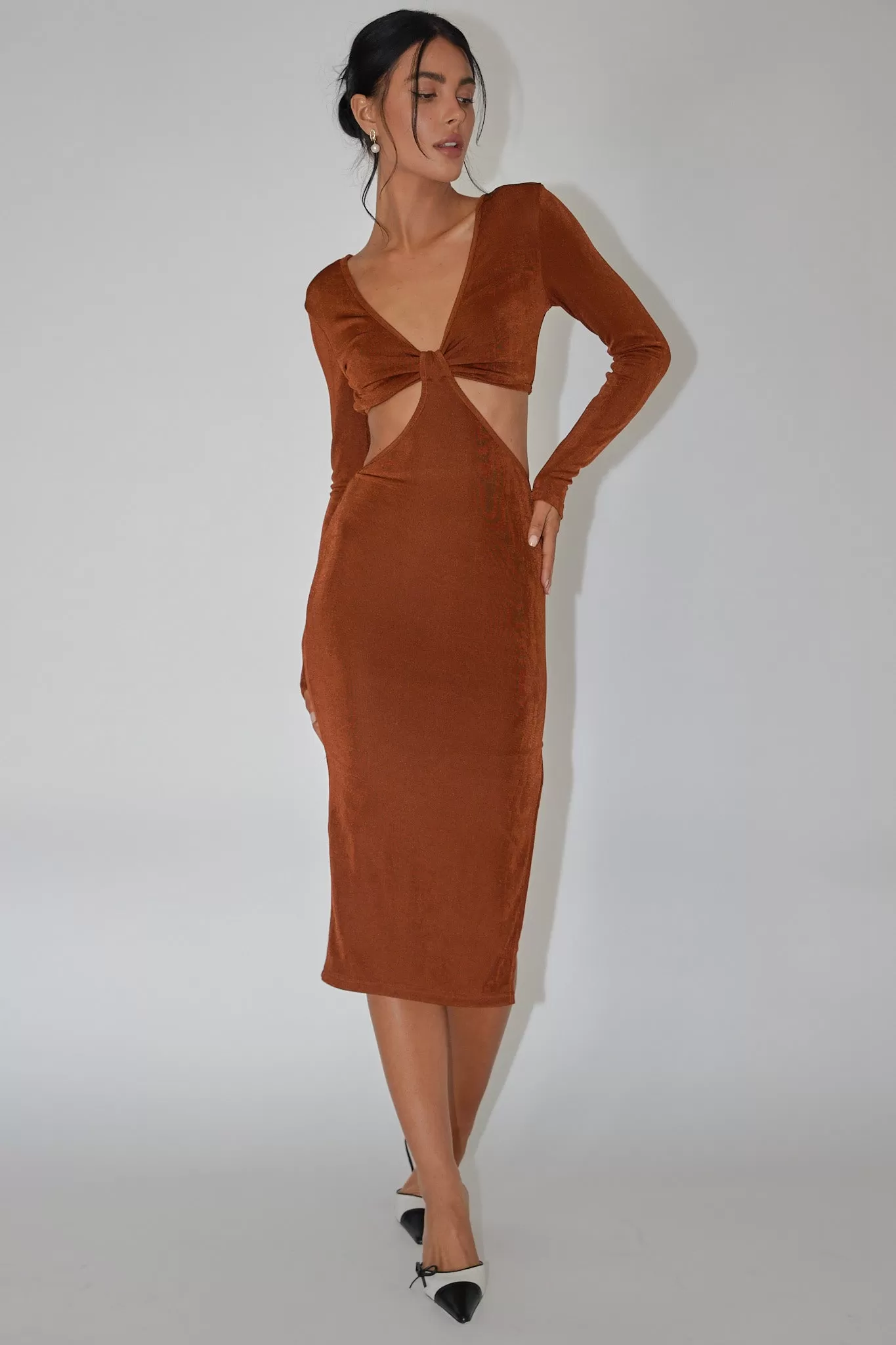 Acapulco Long Sleeve Cut-Out Waist Side Split Midi Jersey Dress Chocolate