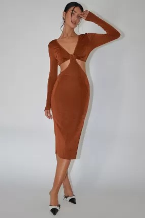 Acapulco Long Sleeve Cut-Out Waist Side Split Midi Jersey Dress Chocolate