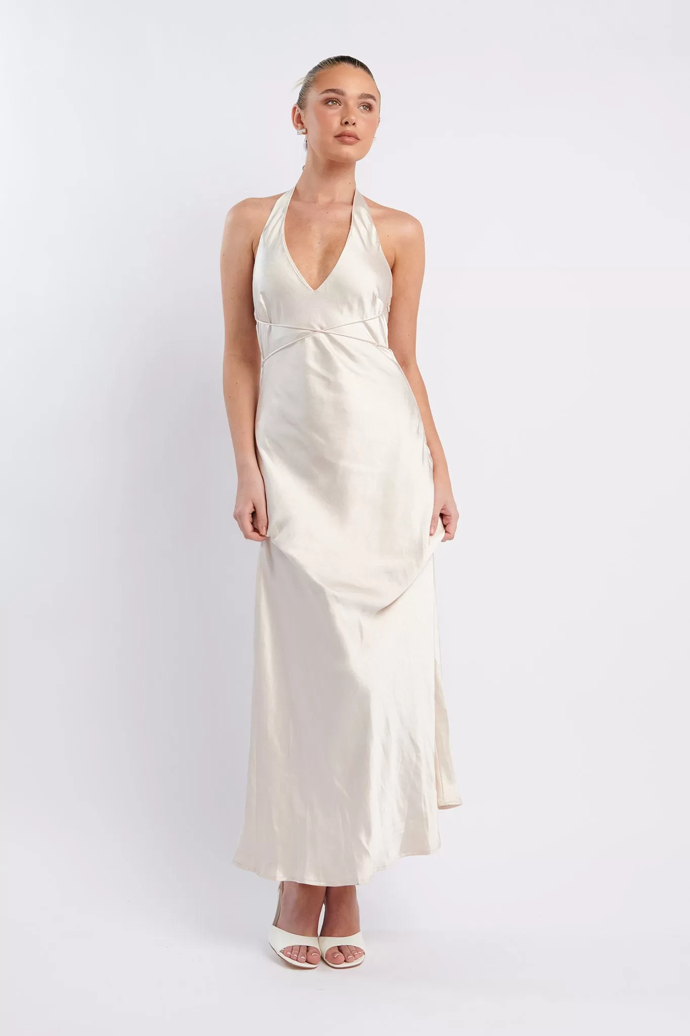 Alenni Halterneck V-Neck Midi Dress Champagne