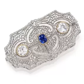 Antique 14K Gold & Platinum Sapphire & 0.98 TCW Diamond Art Deco Brooch Pin