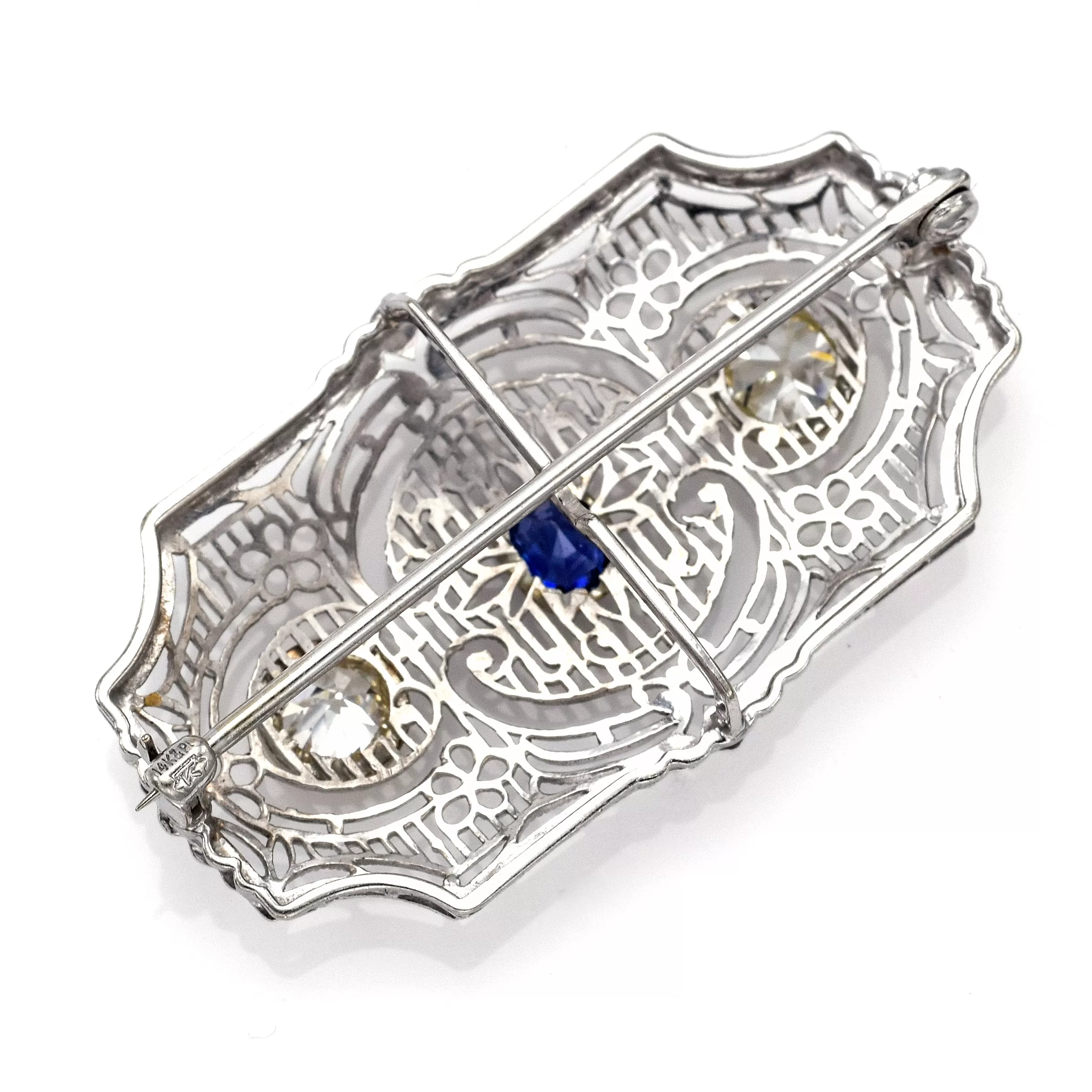 Antique 14K Gold & Platinum Sapphire & 0.98 TCW Diamond Art Deco Brooch Pin