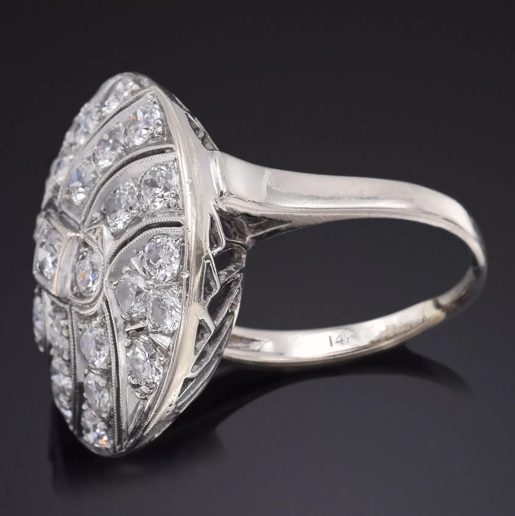 Antique 14K White Gold 2.24 TCW Diamond Round Art Deco Cocktail Ring Size 8