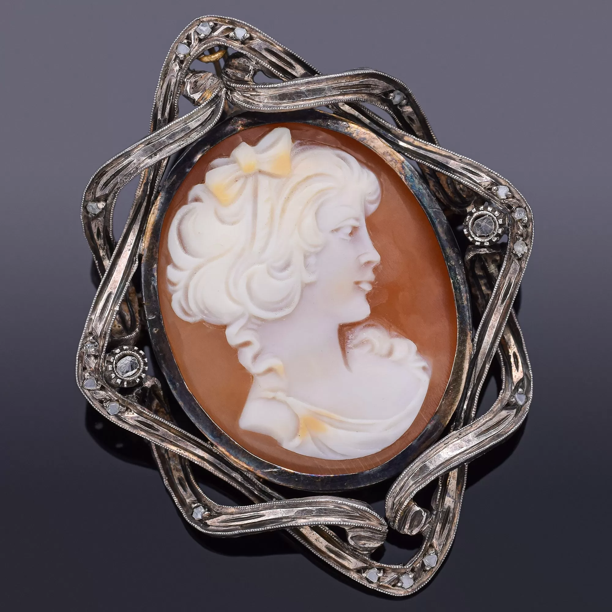 Antique 18K Gold & Sterling Silver Cameo Shell Diamond Brooch Pin Pendant 11.6G