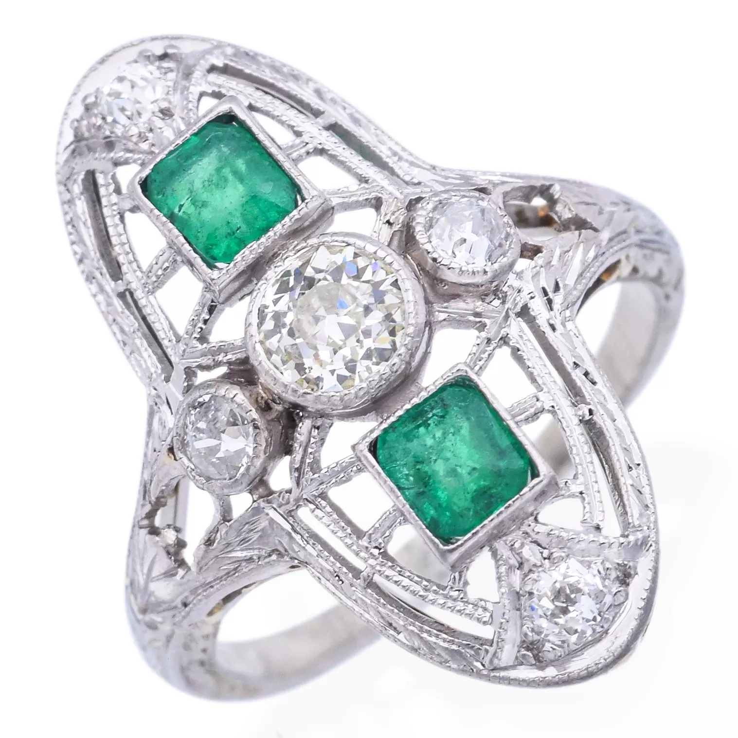 Antique Art Deco 18K White Gold Diamond & Emerald Shield Cocktail Ring Size 3