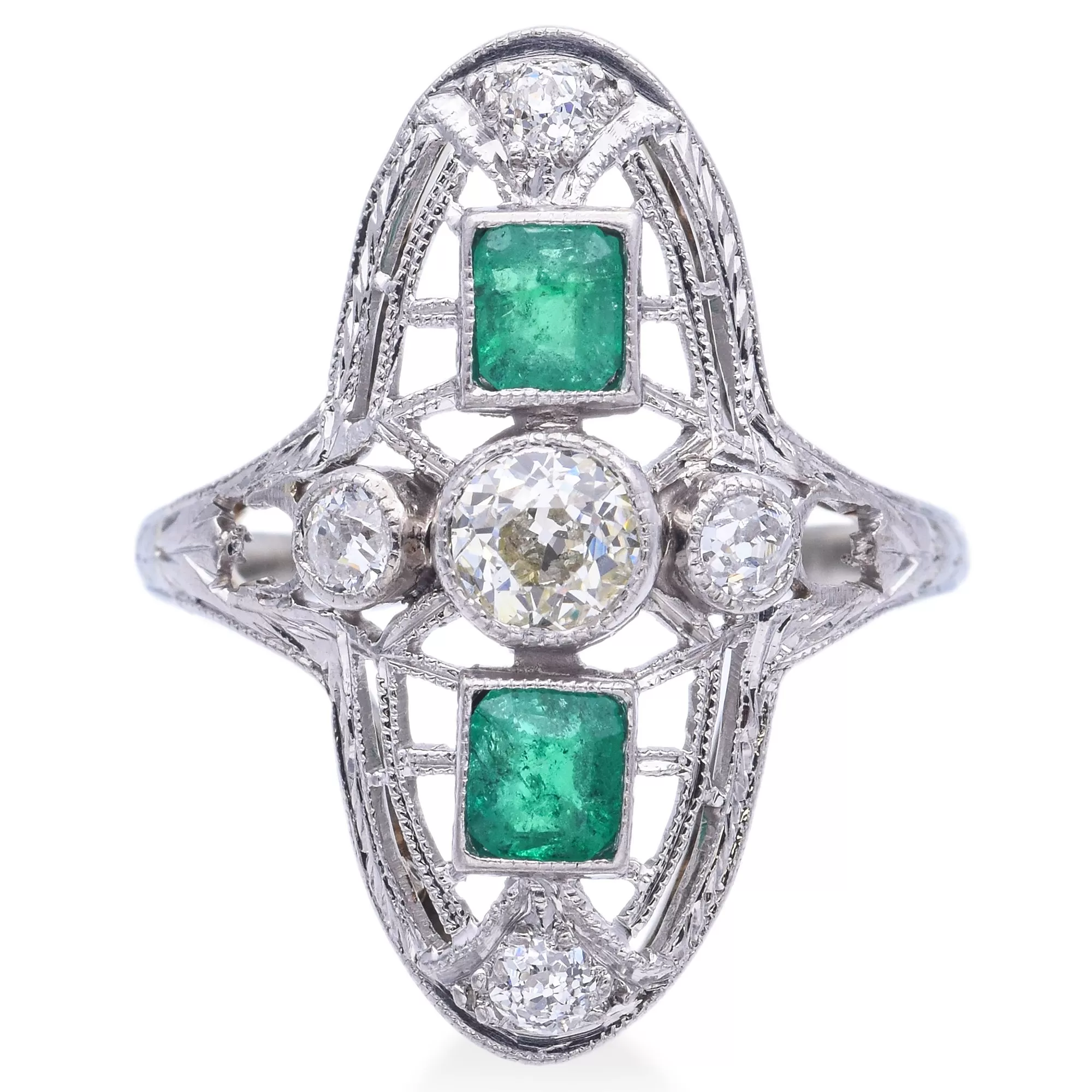 Antique Art Deco 18K White Gold Diamond & Emerald Shield Cocktail Ring Size 3