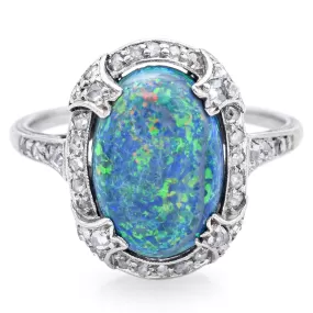 Antique Platinum 2.19 Ct Black Opal & Rose Cut Diamond Ring Size 5.5