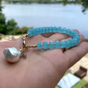 Aqua Blue Chalcedony Bracelet with Starfish and Baroque Pearl Charm, Gold Filled, 7in