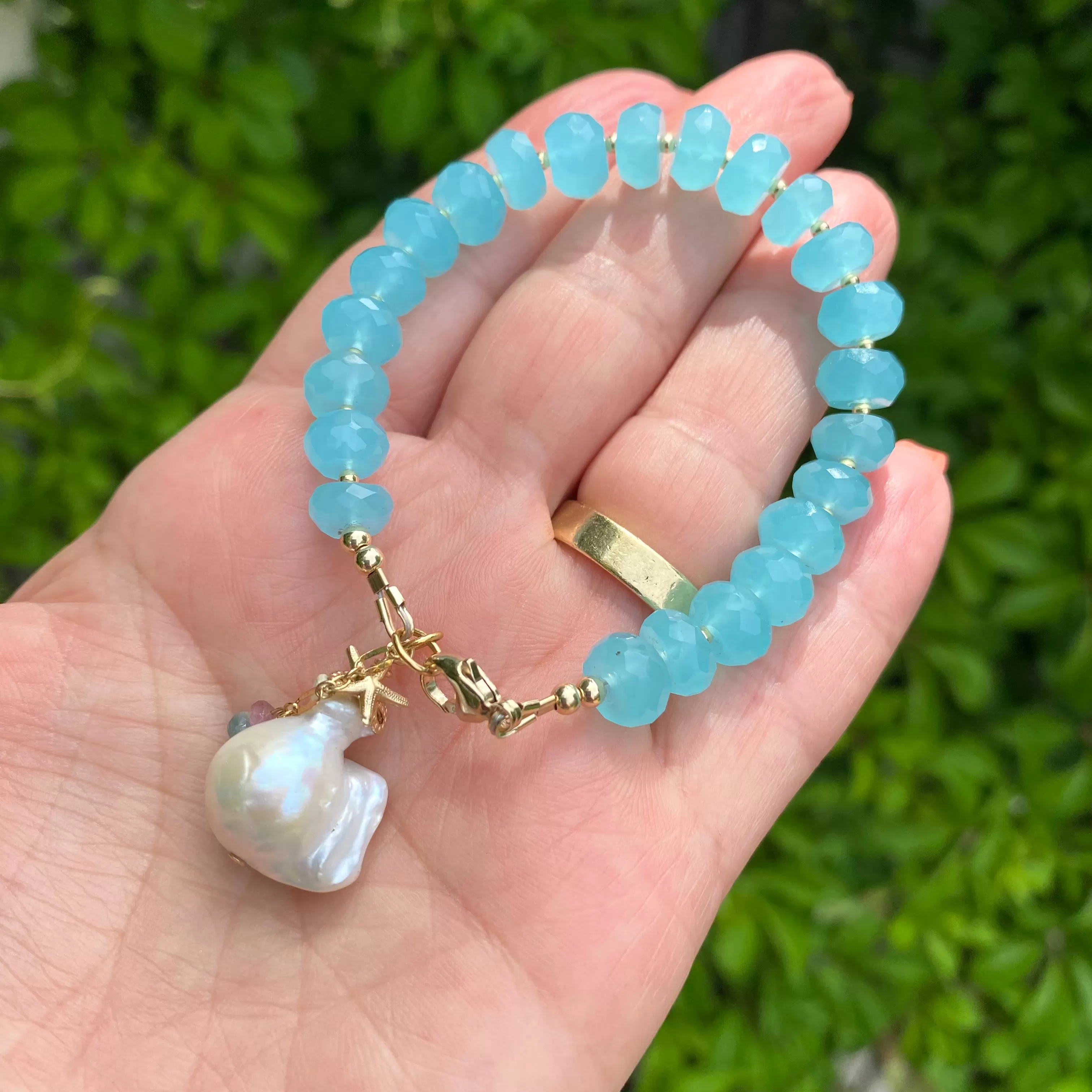 Aqua Blue Chalcedony Bracelet with Starfish and Baroque Pearl Charm, Gold Filled, 7in