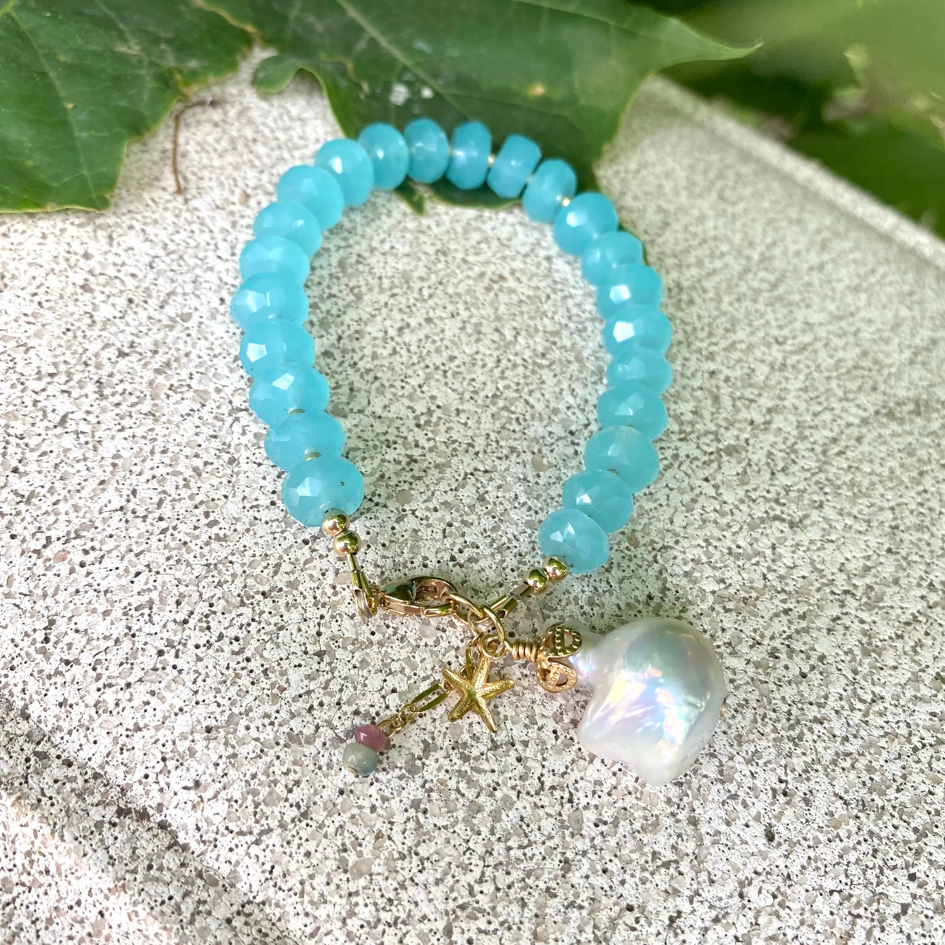 Aqua Blue Chalcedony Bracelet with Starfish and Baroque Pearl Charm, Gold Filled, 7in