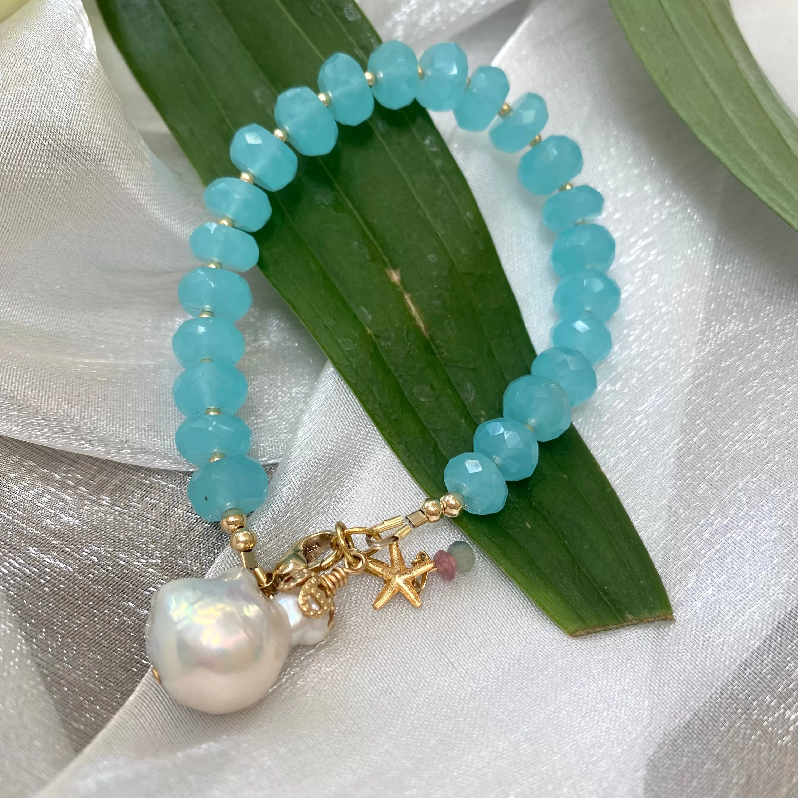 Aqua Blue Chalcedony Bracelet with Starfish and Baroque Pearl Charm, Gold Filled, 7in