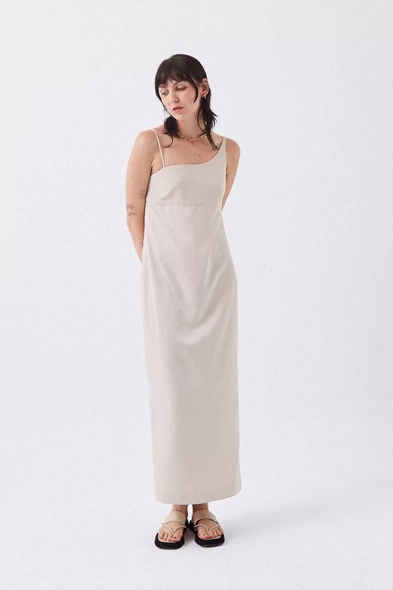 ARANA BEIGE ASYMMETRIC MIDI DRESS