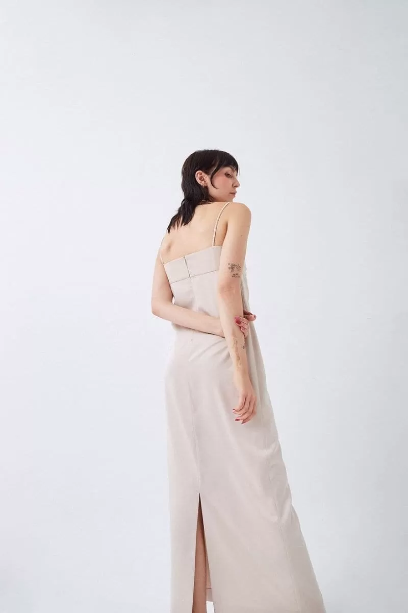 ARANA BEIGE ASYMMETRIC MIDI DRESS