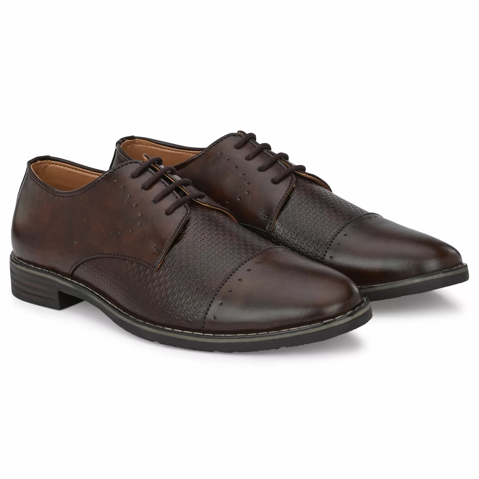 Attitudist Unisex Handcrafted Derby Matte Brown Formal Lace-up Shoes With Cap Toe And Textured Design