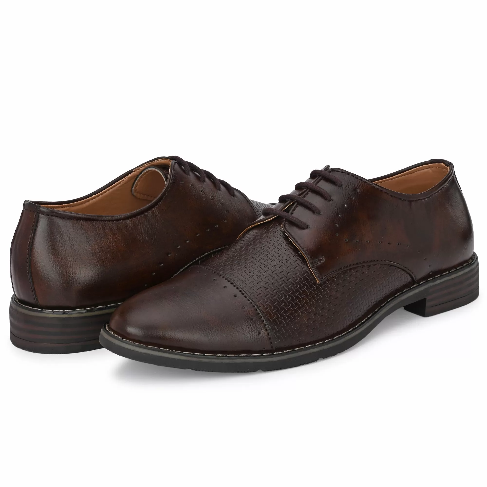 Attitudist Unisex Handcrafted Derby Matte Brown Formal Lace-up Shoes With Cap Toe And Textured Design