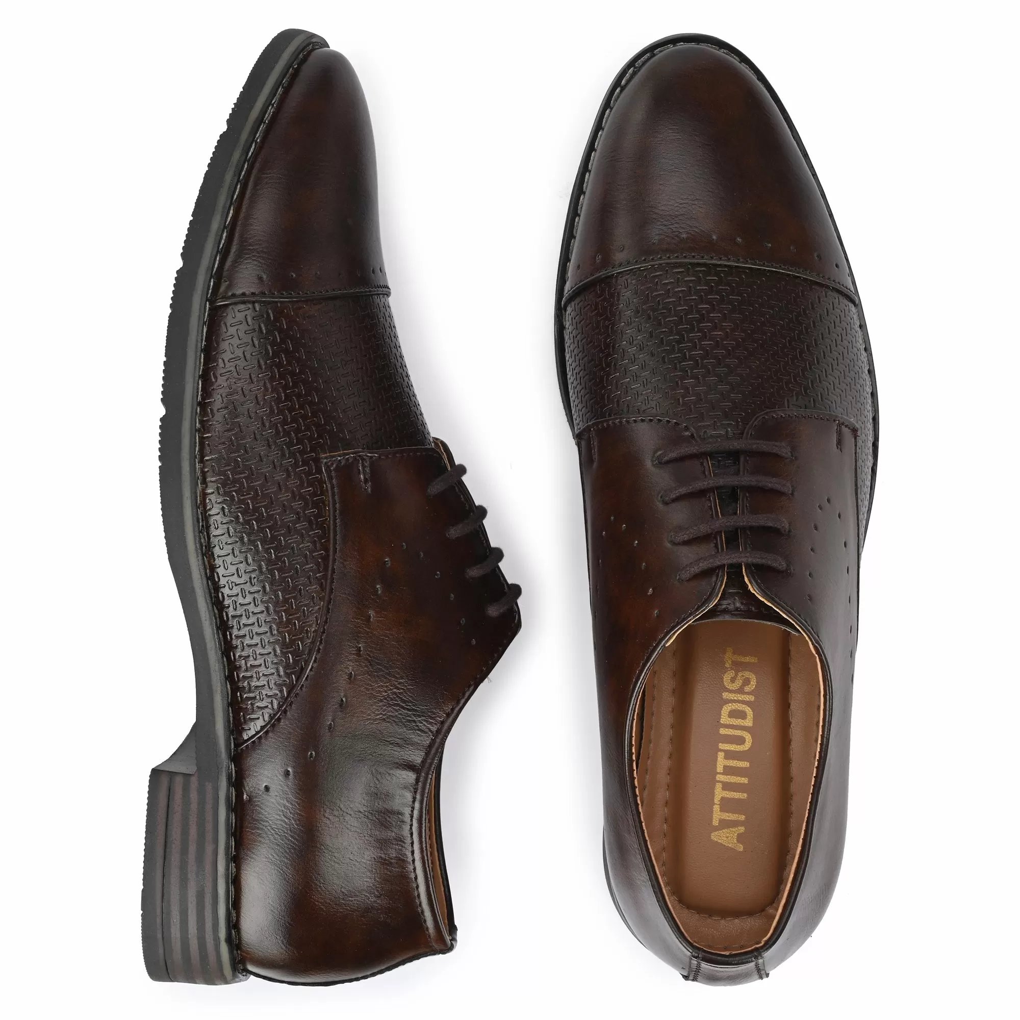 Attitudist Unisex Handcrafted Derby Matte Brown Formal Lace-up Shoes With Cap Toe And Textured Design