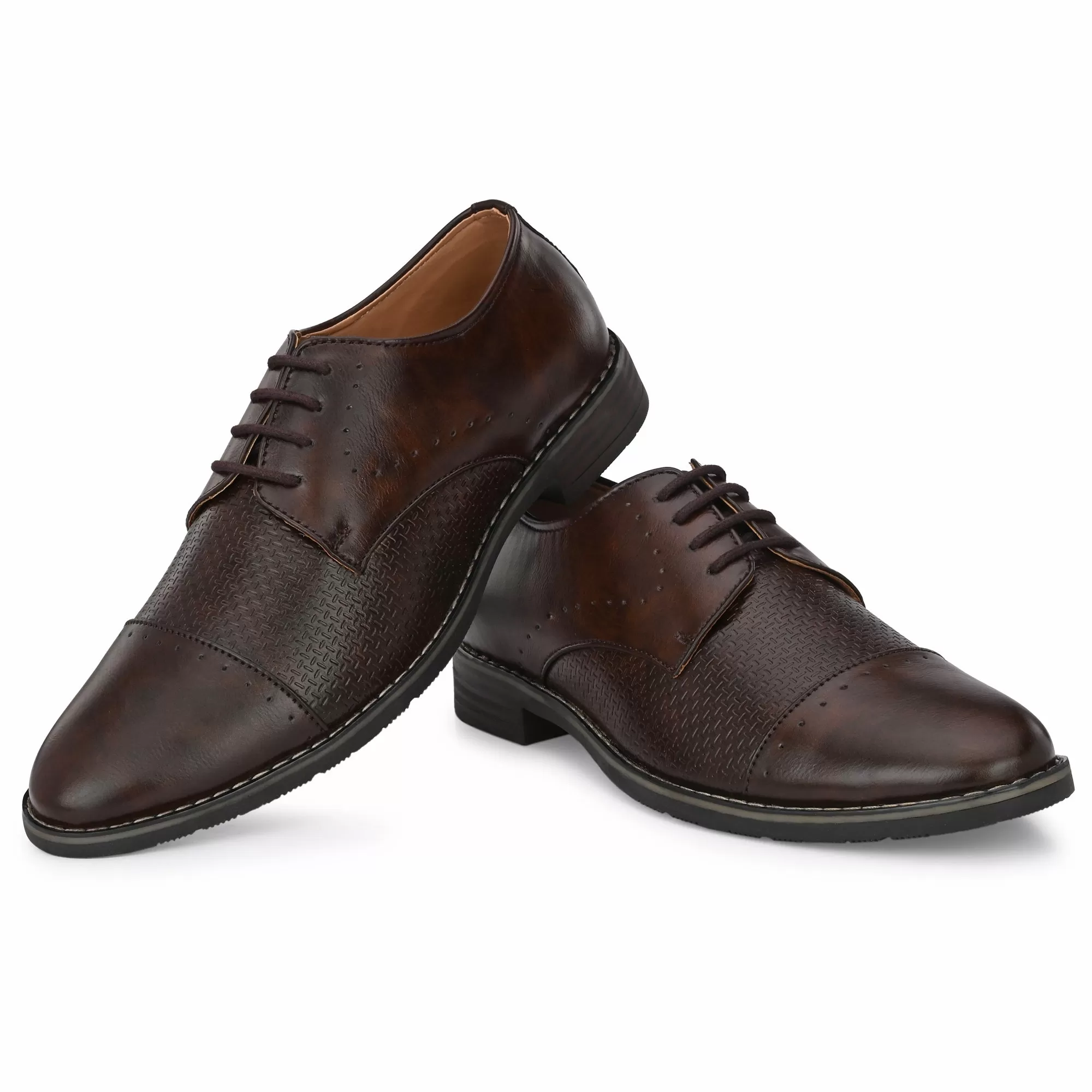 Attitudist Unisex Handcrafted Derby Matte Brown Formal Lace-up Shoes With Cap Toe And Textured Design