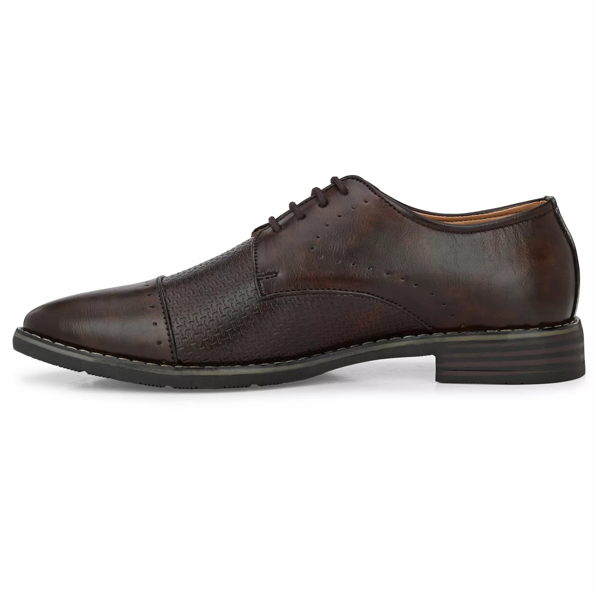 Attitudist Unisex Handcrafted Derby Matte Brown Formal Lace-up Shoes With Cap Toe And Textured Design