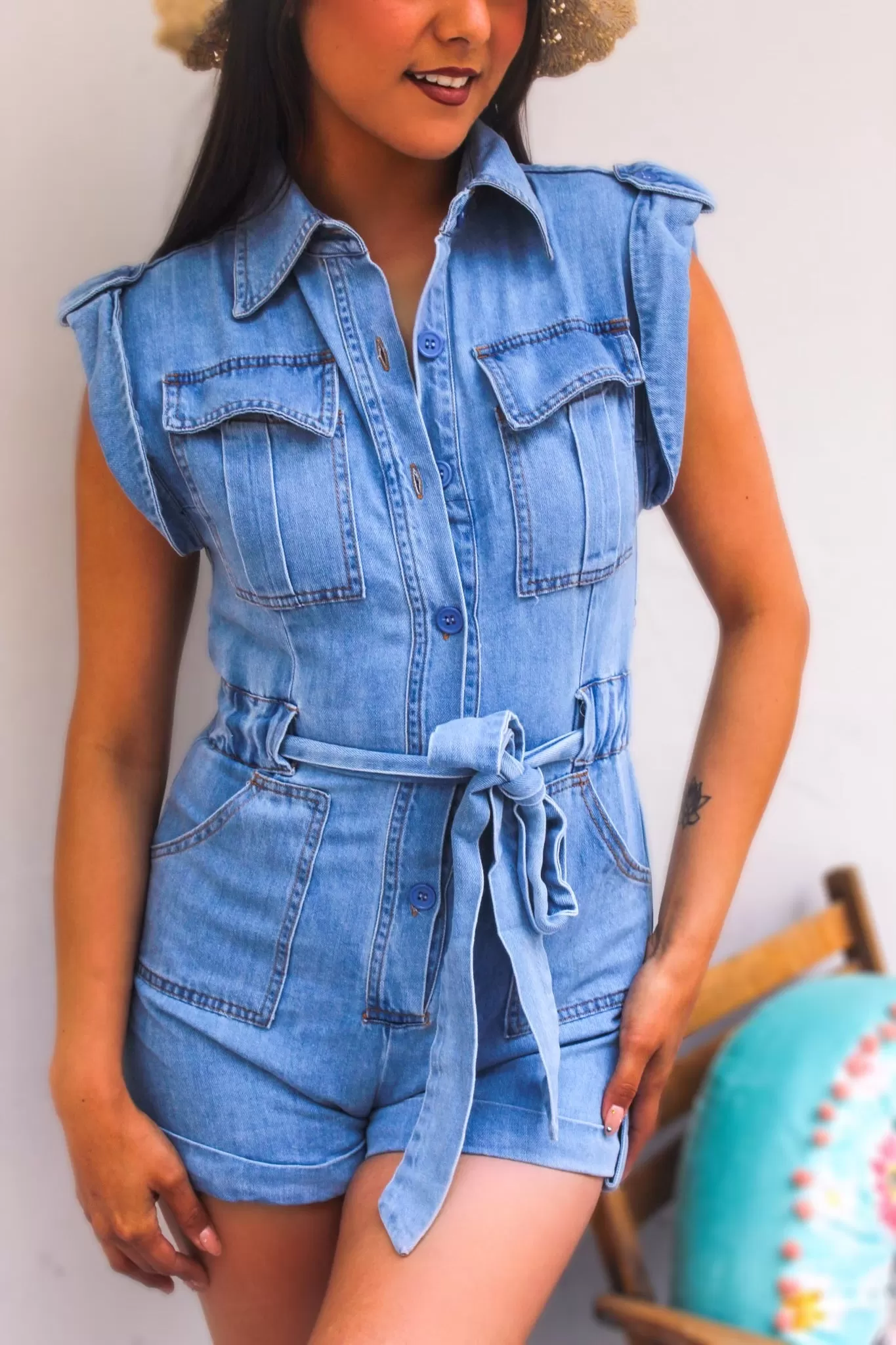 Beat the Heat Denim Romper-Mid Wash