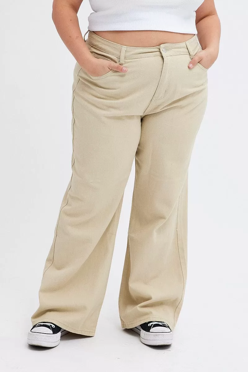 Beige Wide Leg Denim Jeans High rise