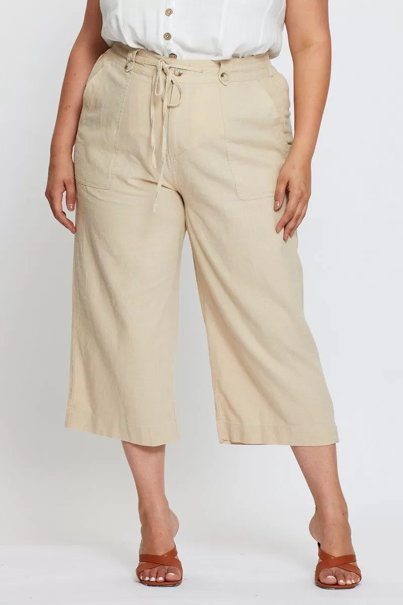 Beige Wide Leg Pants High Rise Linen Blend Crop