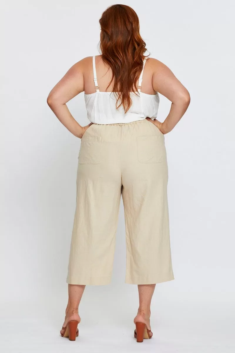 Beige Wide Leg Pants High Rise Linen Blend Crop