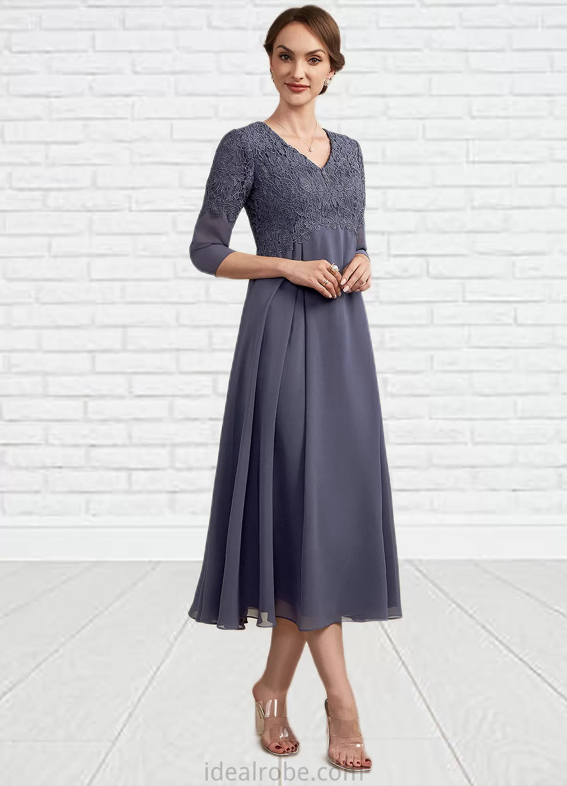 Bella A-line V-Neck Tea-Length Chiffon Lace Mother of the Bride Dress With Beading STK126P0014554