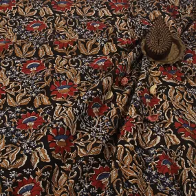 Black & Red Flower Kalamkari Hand Block Printed Cotton Fabric