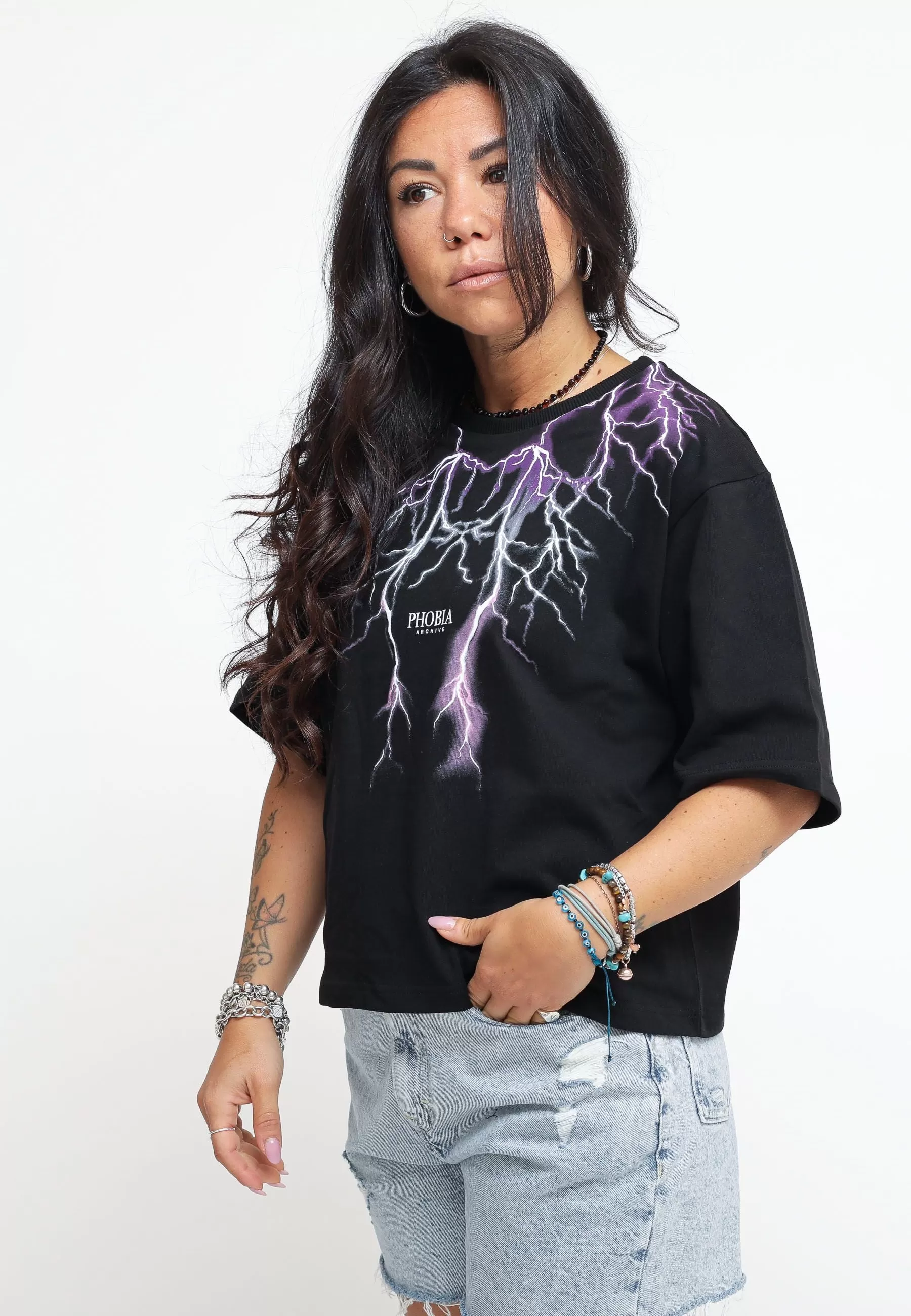 Black Crop T-Shirt Whit Purple Grey Fuxia Light