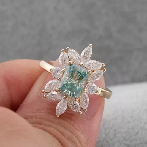 Blue Radiant Cut Engagement Ring in Sterling Silver with Marquise Cluster Side Stone