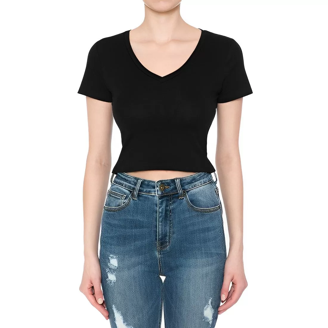 BLUSA CROP TOP MANGA CORTA DE CUELLO V 73556