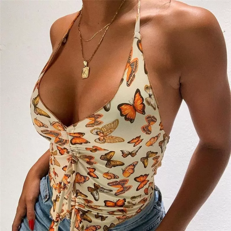 Butterfly Printed Halter V Neck Pink Crop Top