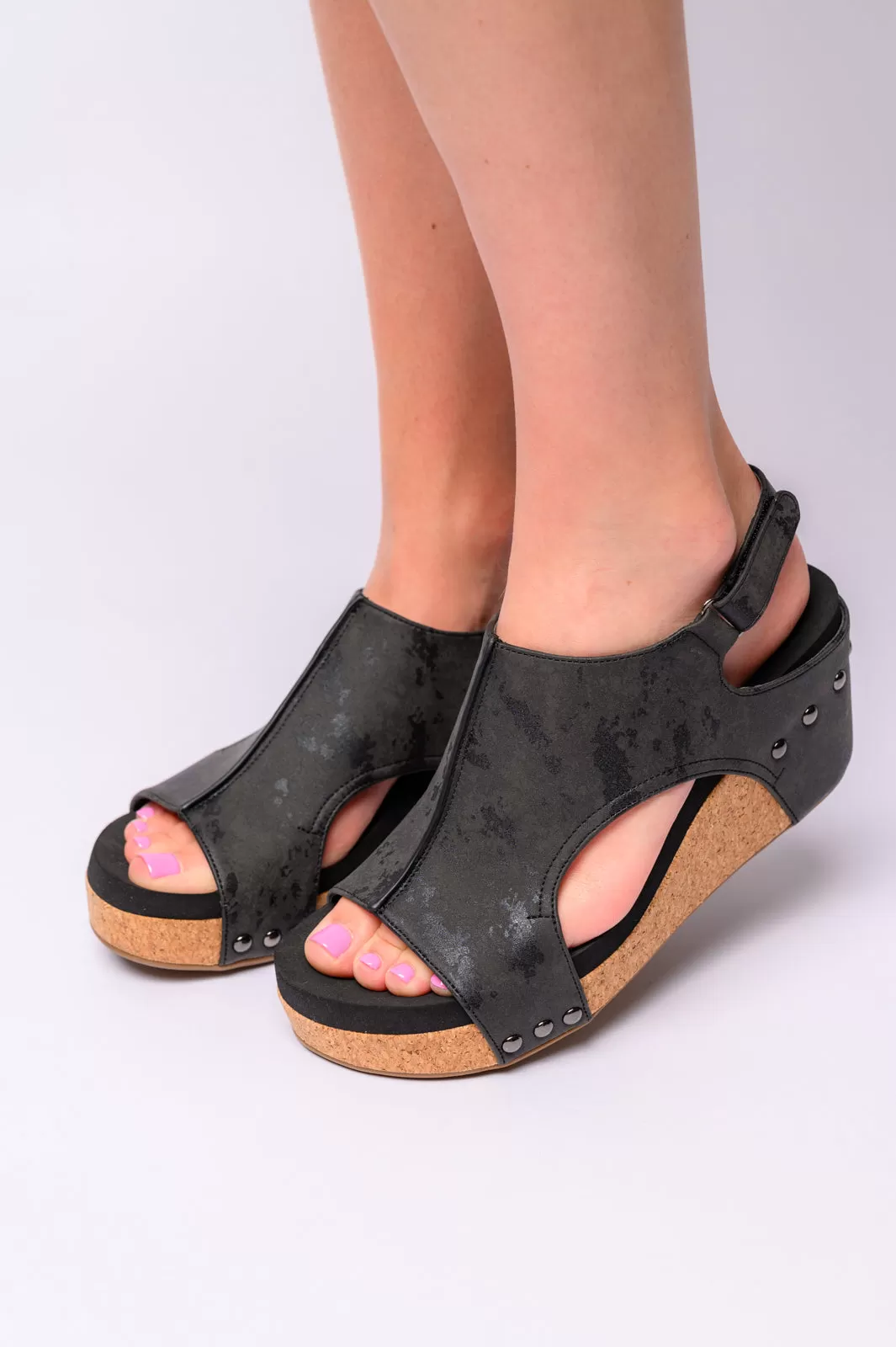 Carley Wedge Sandals in Black Metallic