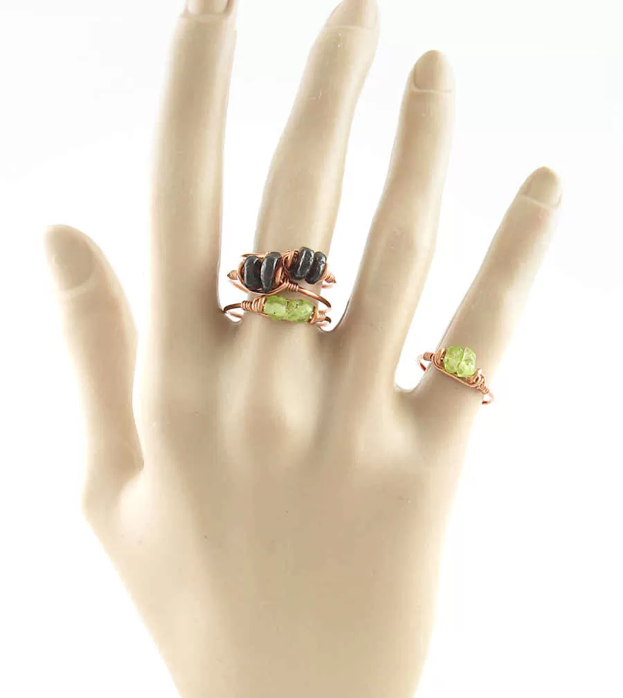 Double Gemstone Stackable Rings, Copper Wire-Wrapped, Handmade