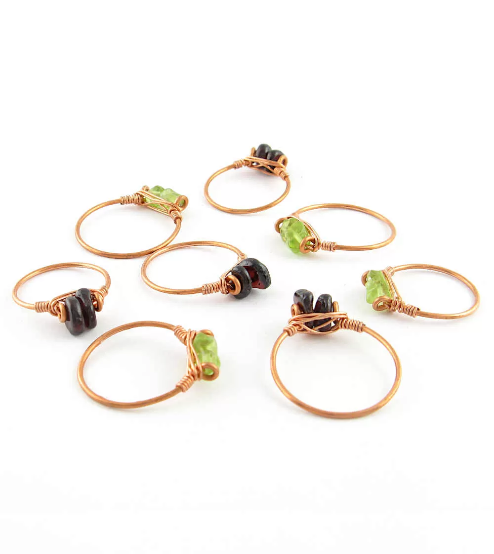 Double Gemstone Stackable Rings, Copper Wire-Wrapped, Handmade