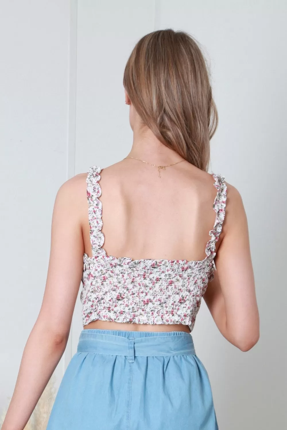 Double Second White Floral Print Crop Top With Frill Straps